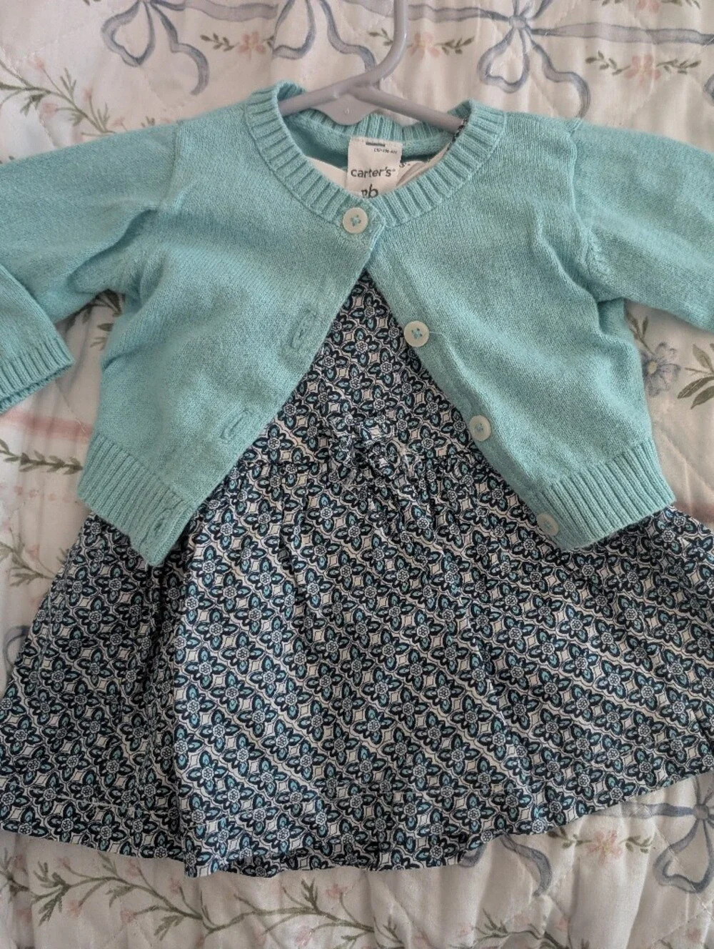 Carter's Aqua Knit Cardigan with Navy Patterned Dress
